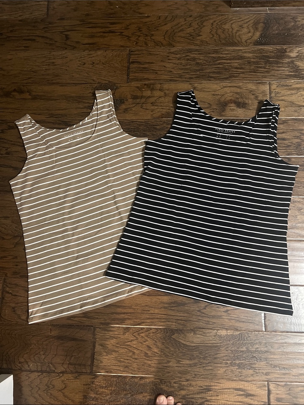 Set if 2 Susan Graver Striped Tank Tops in Black & Tan, L